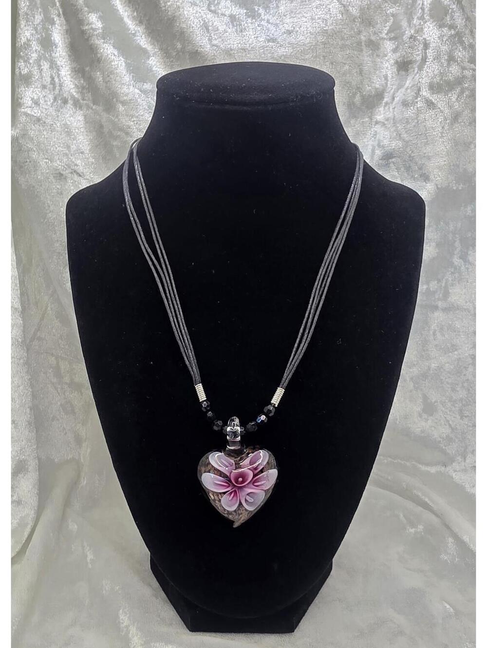 Lampwork Glass Perfume Bottle Necklace Pink Floral Heart Pendant Necklace